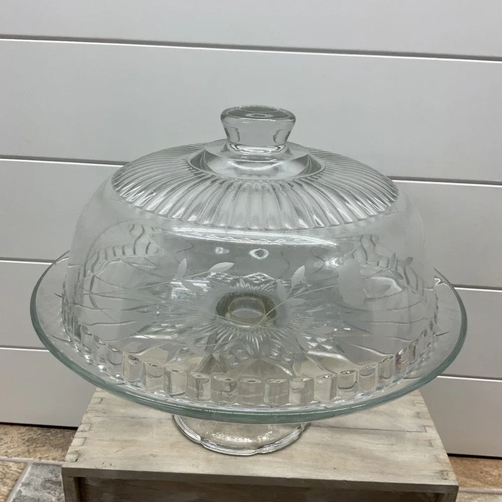 Vintage France Clear Glass 4-in-1 Cake Stand Punch Bowl Etched Floral 12 inch